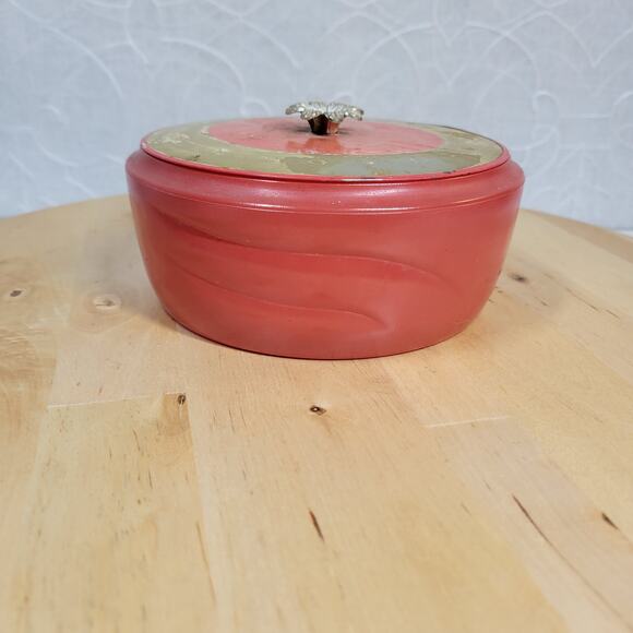 Vintage AVON Persian Wood Beauty Dust Dish 5" Red Gold Floral Lid Puff - Picture 12 of 12